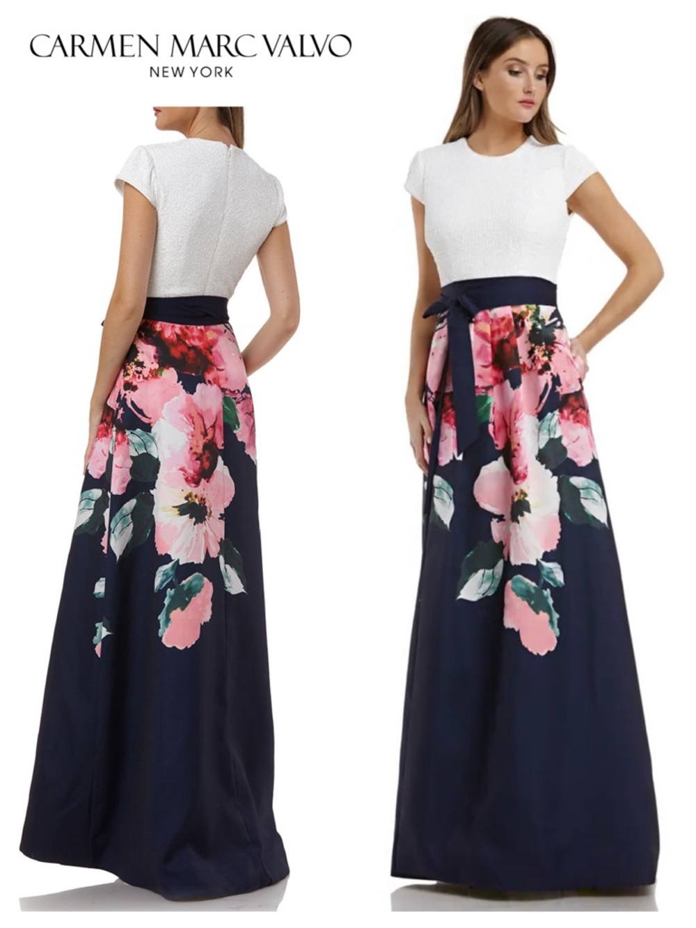 Carmen Marc Valvo Infusion Sequin-Bodice Cap-Sleeve Gown w/ Floral-Print